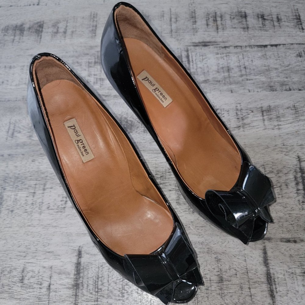 Paul Green Black Patent Leather Peep Toe Bow Heels